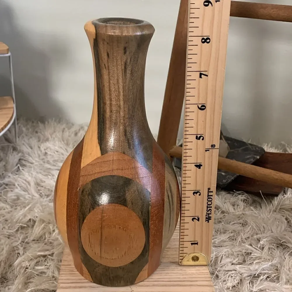 Decorative Handcrafted Wooden Vase Unsigned Made With Multiple Varieties Of Wood